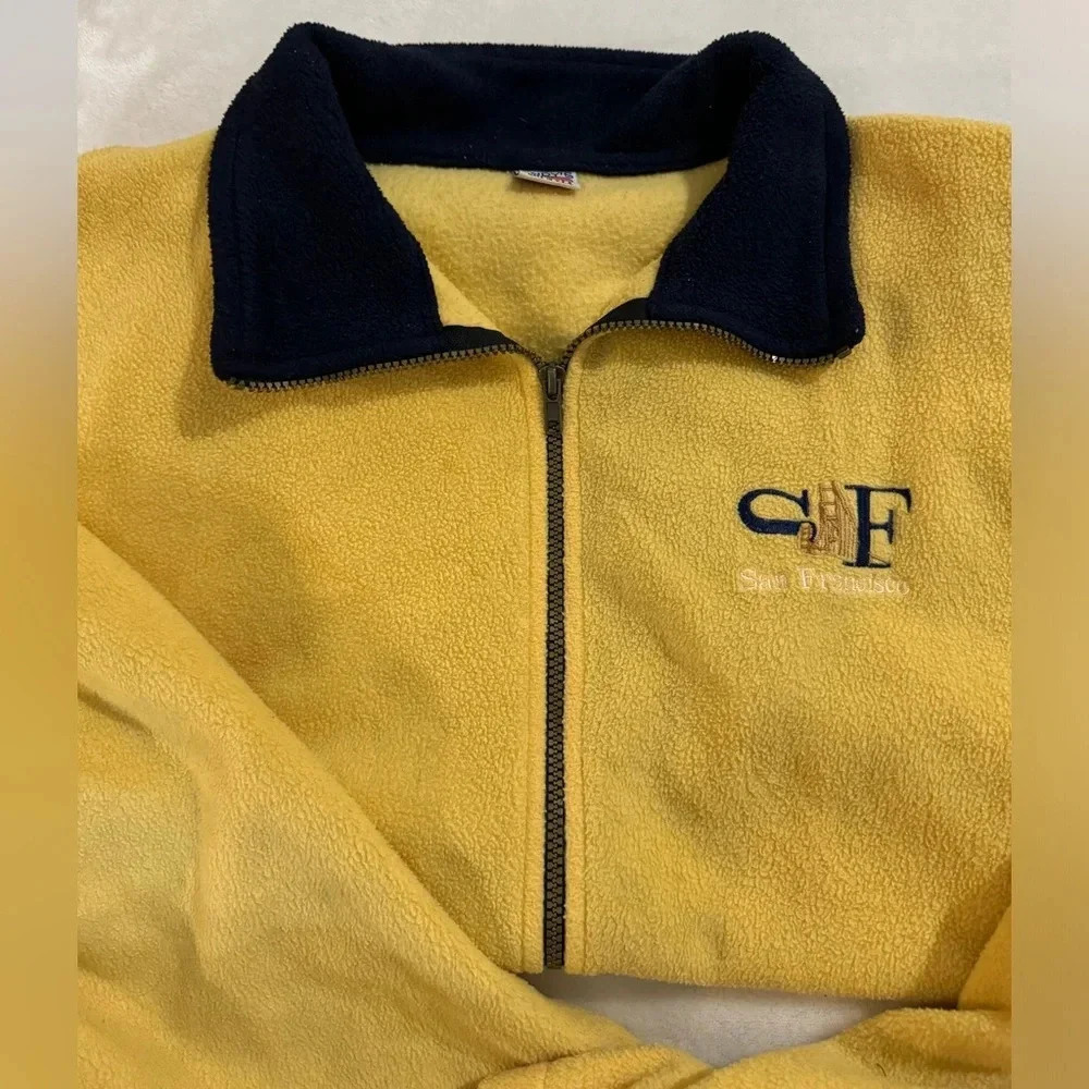 90’s San Francisco Tourist Zip Up Fleece Jacket XL Overized Unisex Yellow Navy - Picture 11 of 11